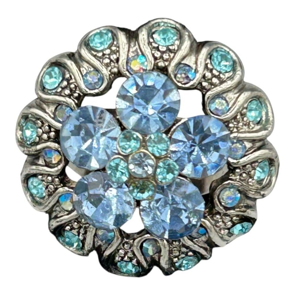 Blue Rhinestone Floral Cocktail Ring Adjustable Silver Tone - Picture 2 of 9